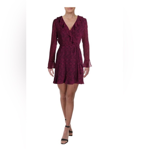 WAYF Dress Maddie Ruffled Wrap Dress, Pink/Black Size L - Picture 2 of 15